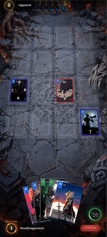 Cards of Myth game board — 3×4 grid with open tile slots and a hand of cards at the bottom
