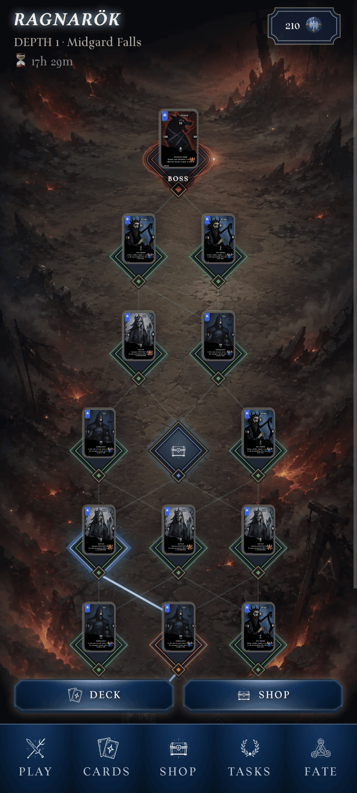 Ragnarök Saga map showing branching battle nodes, a chest, and a Boss card at the apex