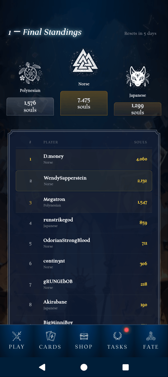 Play screen showing Season badge in top right, current deck, and mode selection buttons