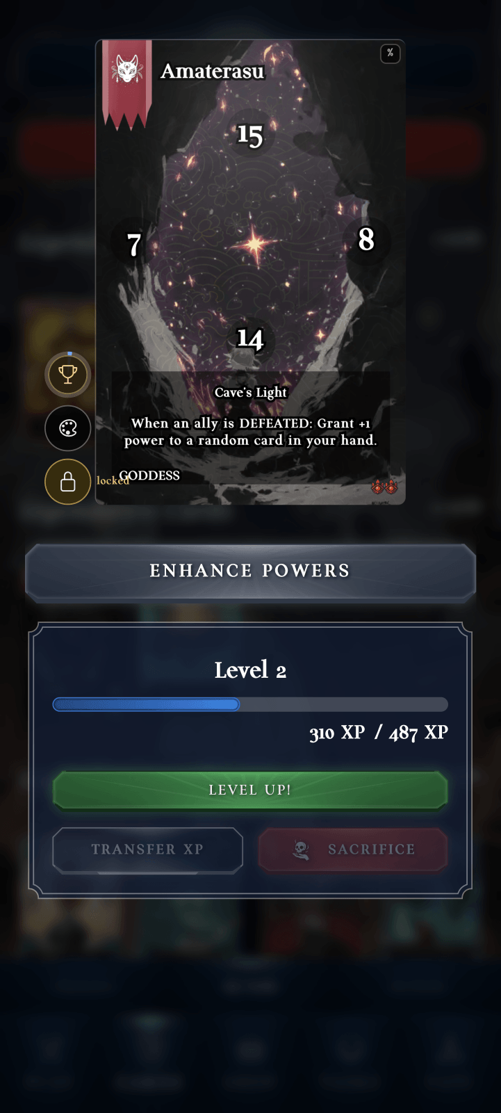 Amaterasu card detail — Cave's Light ability shown, Level 2 XP bar at 310/487, Enhance Powers button